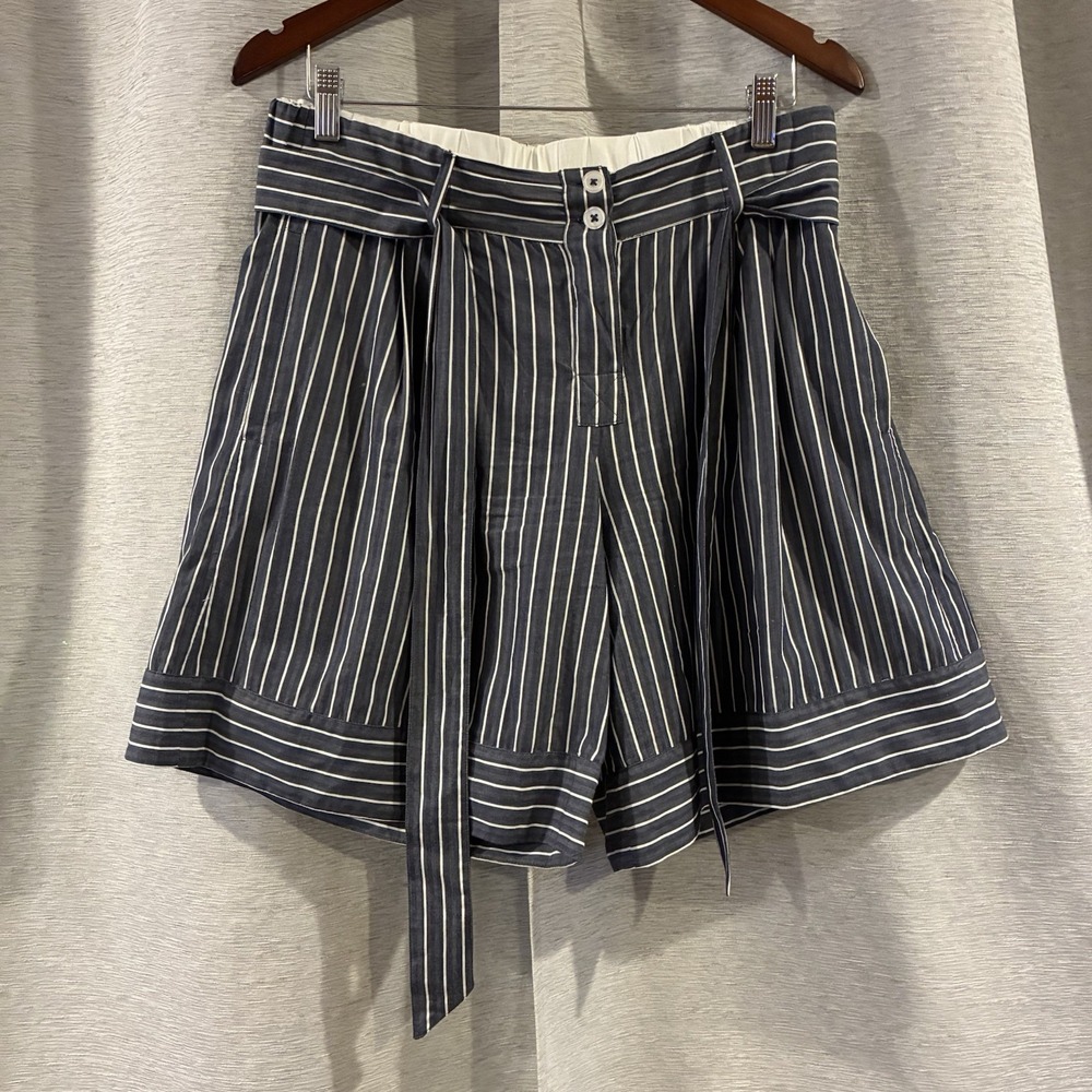 By ANTHROPOLOGIE Boxer Striped Long Shorts Belted Navy White Cotton Pockets S